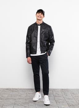 Slim Fit Stand Collar Men's Leather Look Coat thumbnail 2