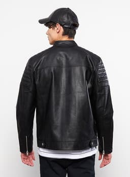 Slim Fit Stand Collar Men's Leather Look Coat thumbnail 3