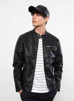 Slim Fit Stand Collar Men's Leather Look Coat thumbnail 4