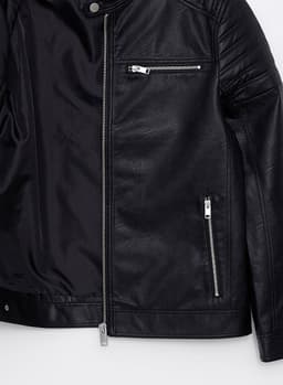 Slim Fit Stand Collar Men's Leather Look Coat thumbnail 6