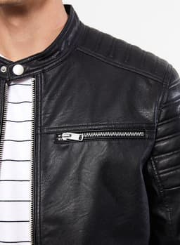 Slim Fit Stand Collar Men's Leather Look Coat thumbnail 7