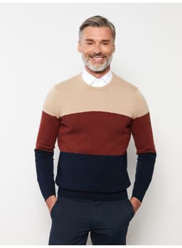 Crew Neck Long Sleeve Men's Tricot Sweater with Color Block thumbnail 2