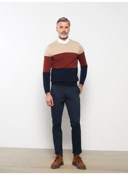 Crew Neck Long Sleeve Men's Tricot Sweater with Color Block thumbnail 6