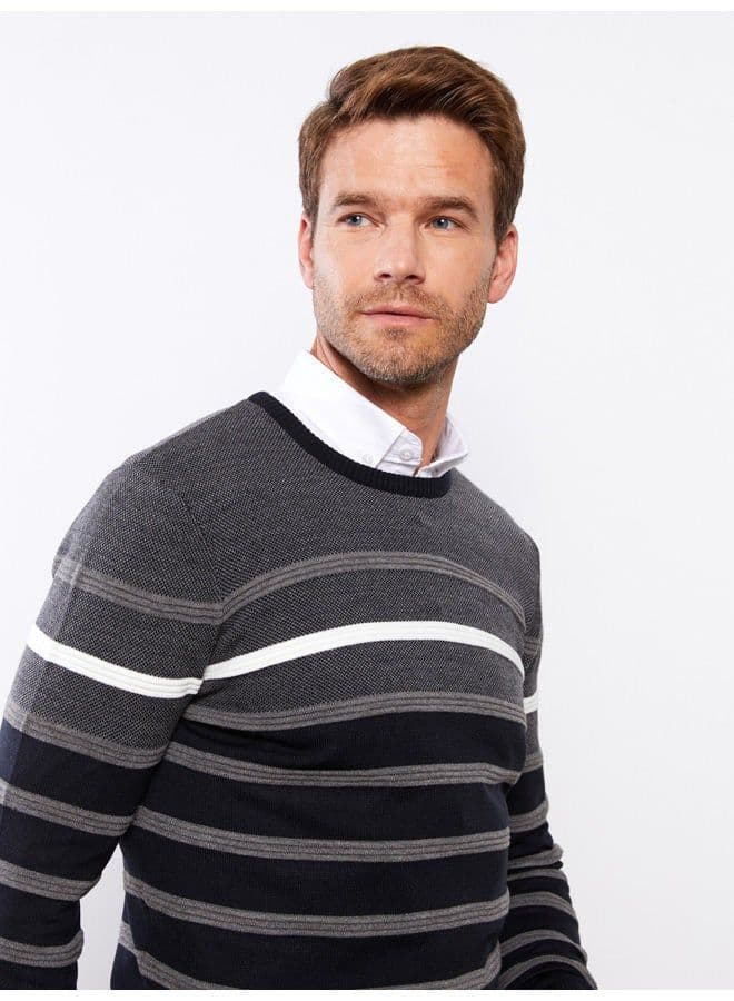 Crew Neck Long Sleeve Striped Men's Tricot Sweater 1