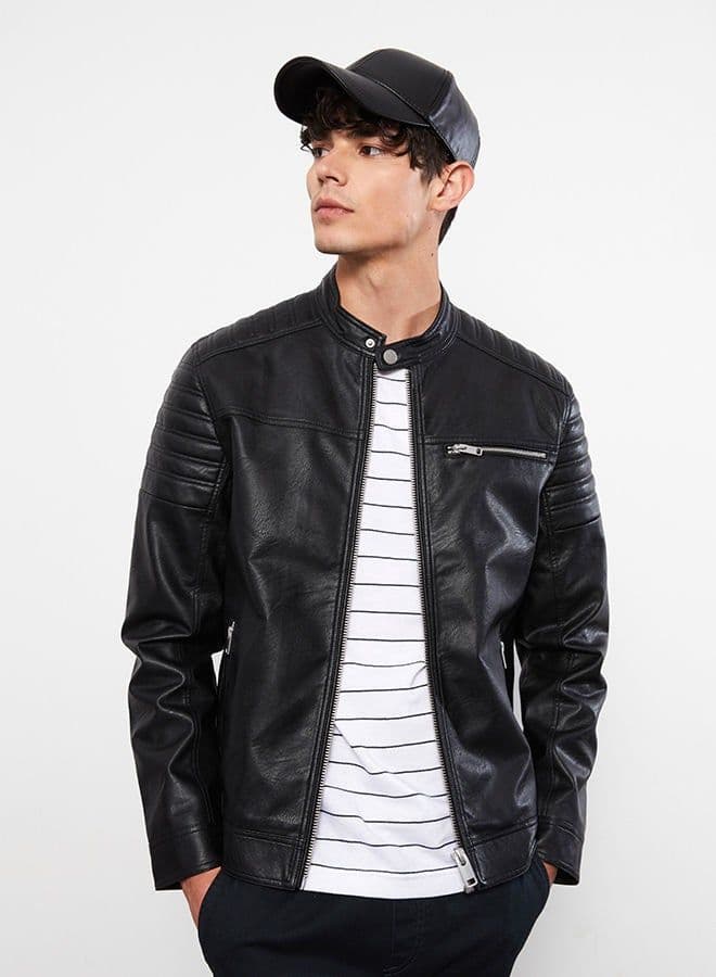 Slim Fit Stand Collar Men's Leather Look Coat 1